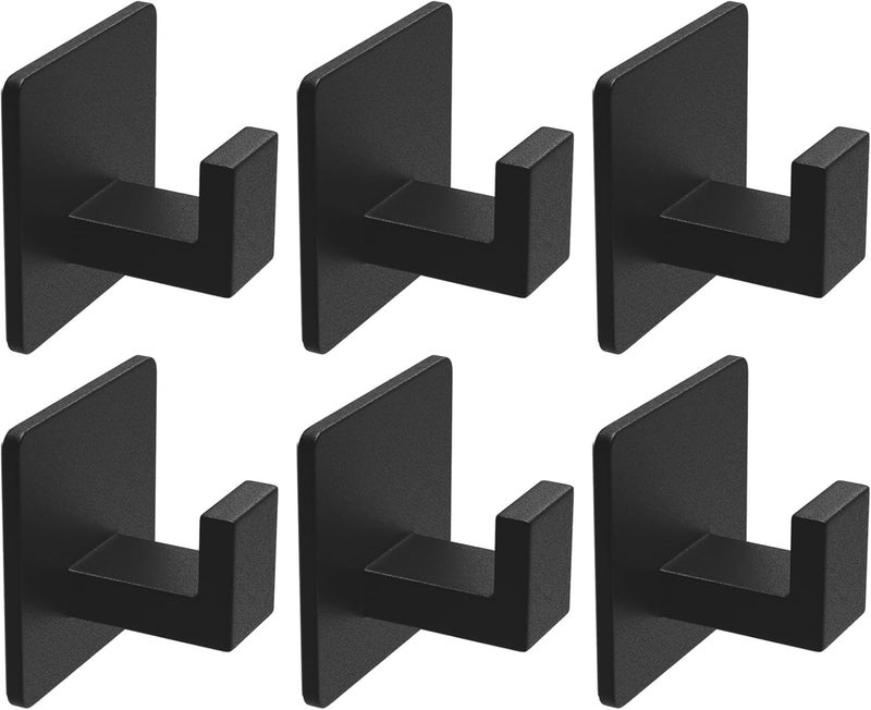VAEHOLD 6 Pack Adhesive Towel Hooks, Heavy Duty Wall Hooks Aluminum Black Hooks for Hanging Coat, Hat, Towel, Robe, Clothes, Shower Hook for Door, Office, Kitchen, Bathroom (Black) - Image 1